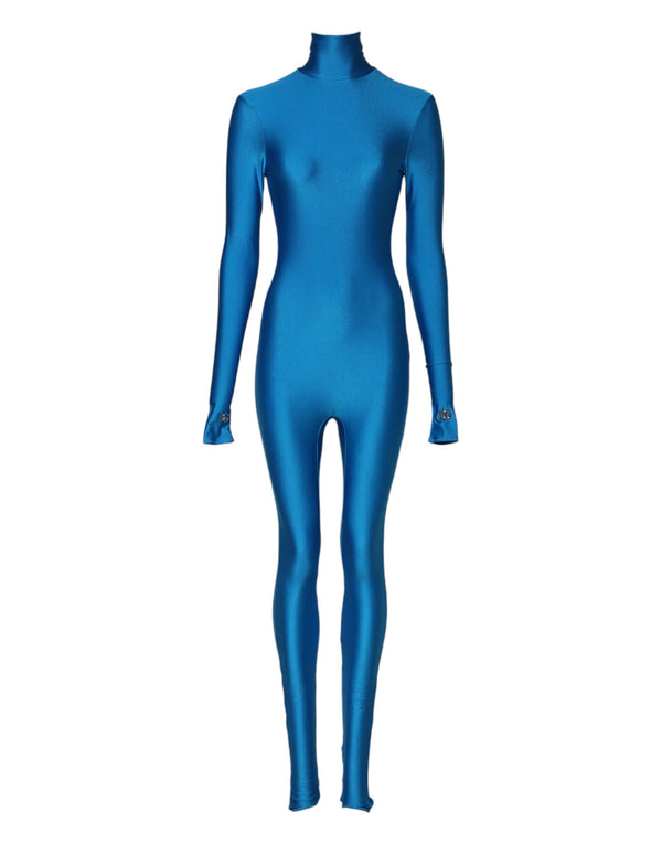 Dolce & Gabbana Blue Nylon Turtleneck Bodycon Jumpsuit Dress