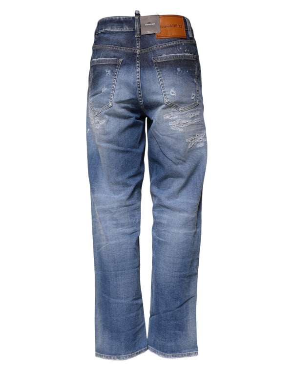 Dsquared² Blue Tattered Cotton Mid Waist Straight Denim Jeans