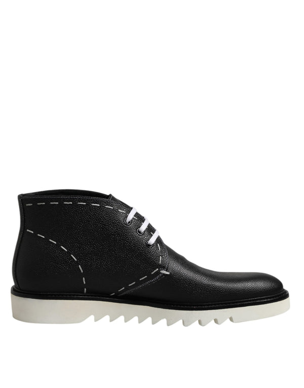 Dolce & Gabbana Black White Leather Ankle Boots Shoes