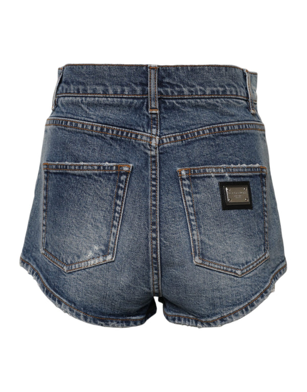 Dolce & Gabbana Blue Tattered Denim Cotton Hot Pants Shorts