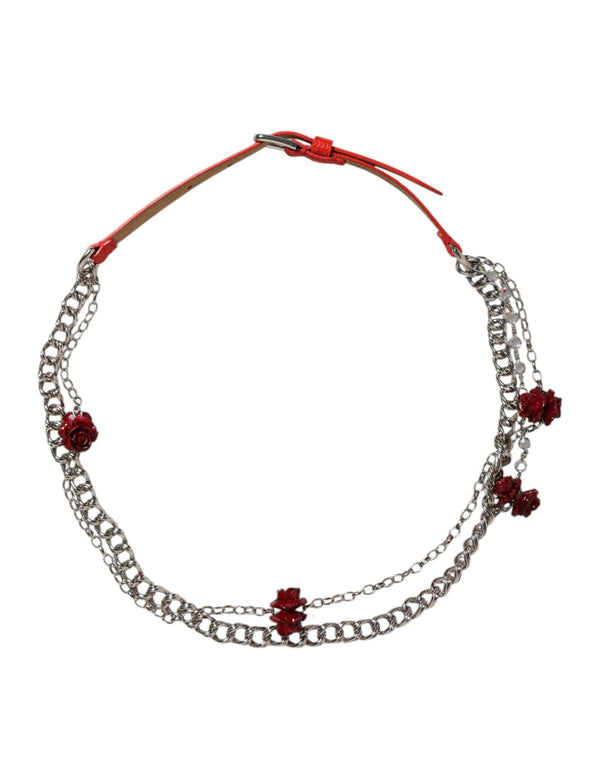 Dolce & Gabbana Red Leather Silver Chain Floral Cintura Belt