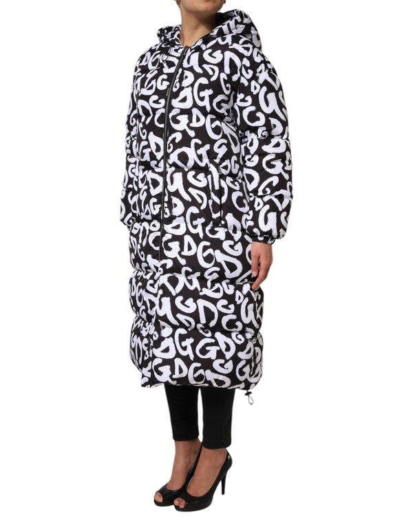 Dolce & Gabbana Black White DG Mania Hooded Long Coat Jacket