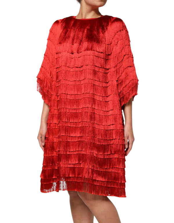 Dolce & Gabbana Red Silk Tiers Fringe Shift Knee Length Dress