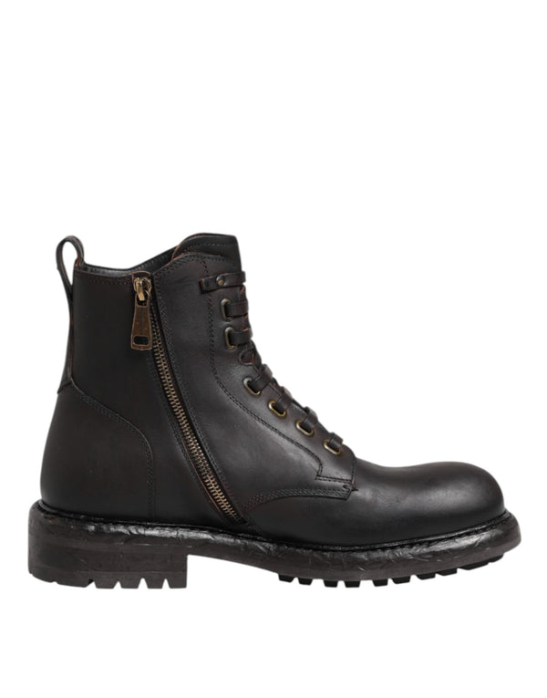Dolce & Gabbana Dark Brown Leather Lace Up Mid Calf Boots Shoes