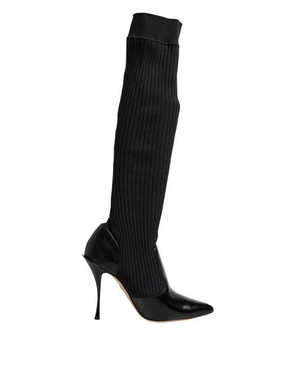 Dolce & Gabbana Black Leather Ribbed Knit Knee Boots Shoes