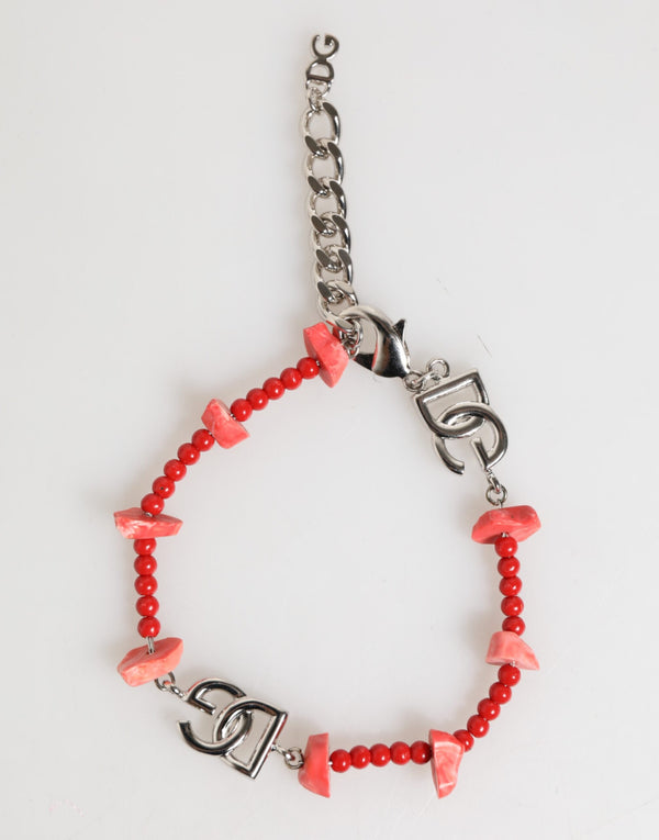 Dolce & Gabbana Silver Tone Brass Beaded Resin DG Logo Chain Men Bracelet