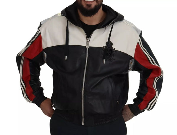 Dolce & Gabbana Black Leather Hooded Blouson Jacket