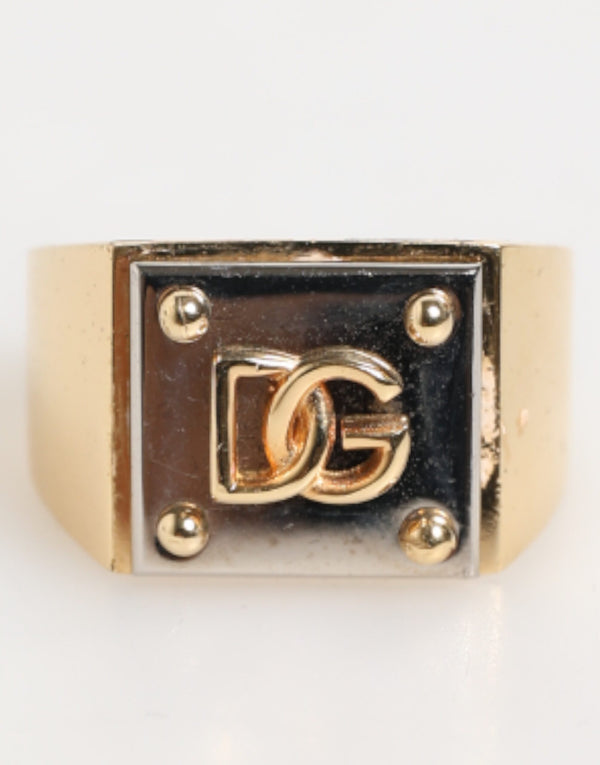 Dolce & Gabbana Gold Tone Brass Signet Square DG Logo Plaque Men Ring