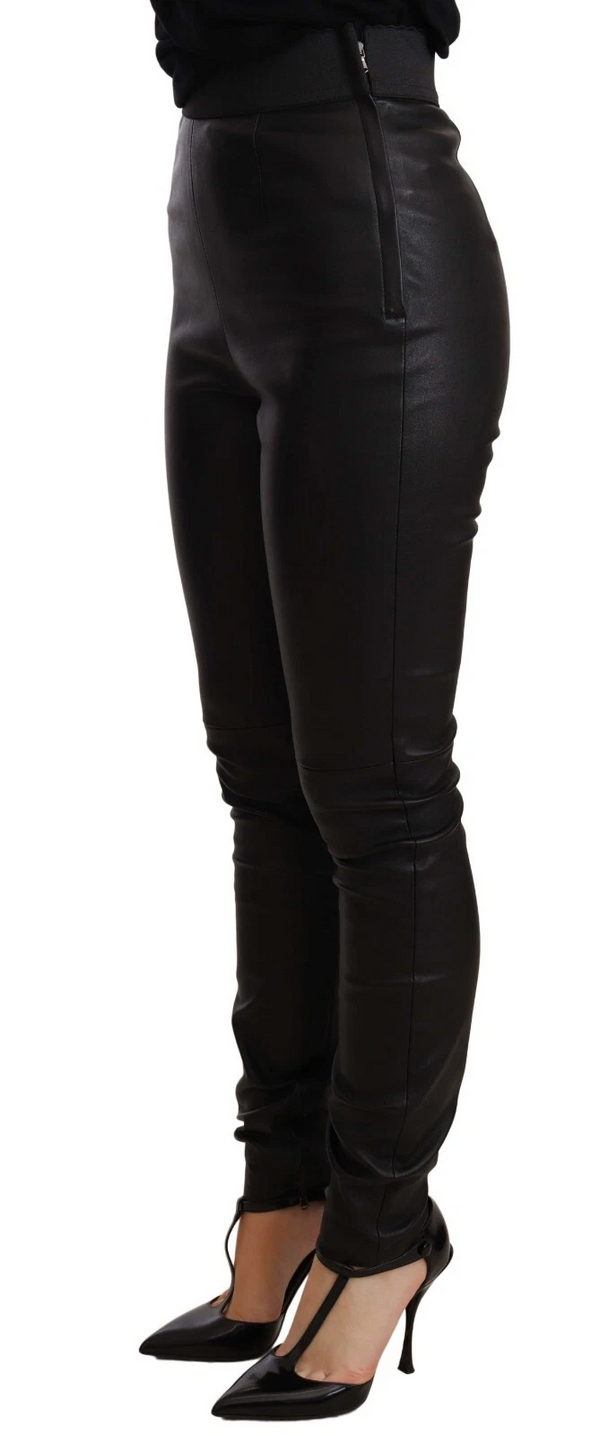 Dolce & Gabbana Black Leather Elastic Waist Trouser Pants