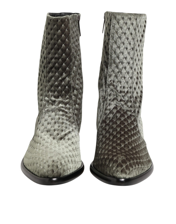 Dolce & Gabbana Gray Cotton Velvet Mid Calf Short Boots Shoes