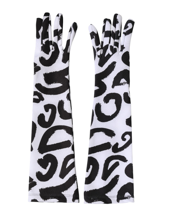 Dolce & Gabbana Black White DG Logo Elbow Length Mitten Gloves