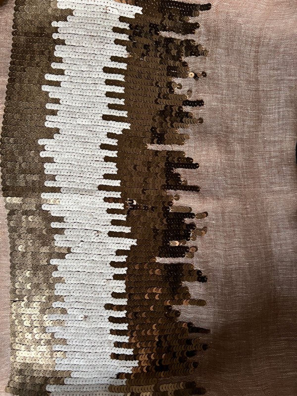 Brown with Brown & White Sequenced Border Cotton-Silk Rich Linen Blend - Scarf