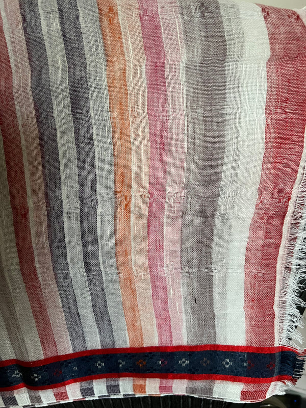 THE GRAY CRAB Multicoloured Stripes with Blue Border - Cotton-Silk-Linen- Scarf
