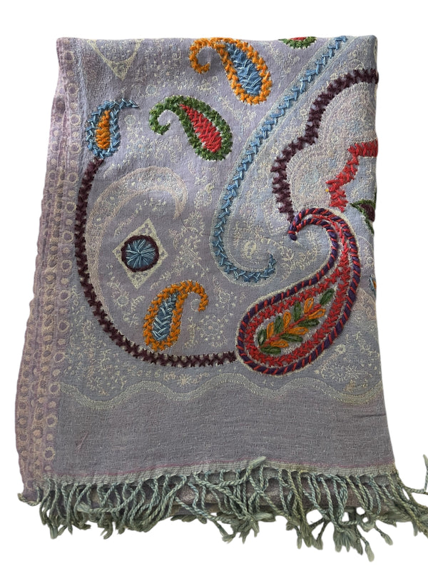 Lavender Self Embroidered with Mango Embroidery Wool - Scarf
