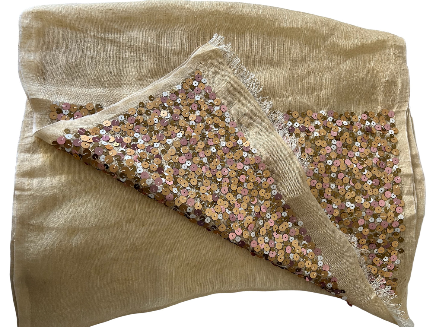 Beige / Cream with Multi-Coloured Sequence - Cotton-Silk Rich Linen Blend - Scarf