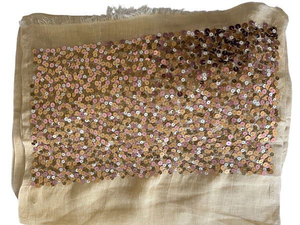 Beige / Cream with Multi-Coloured Sequence - Cotton-Silk Rich Linen Blend - Scarf