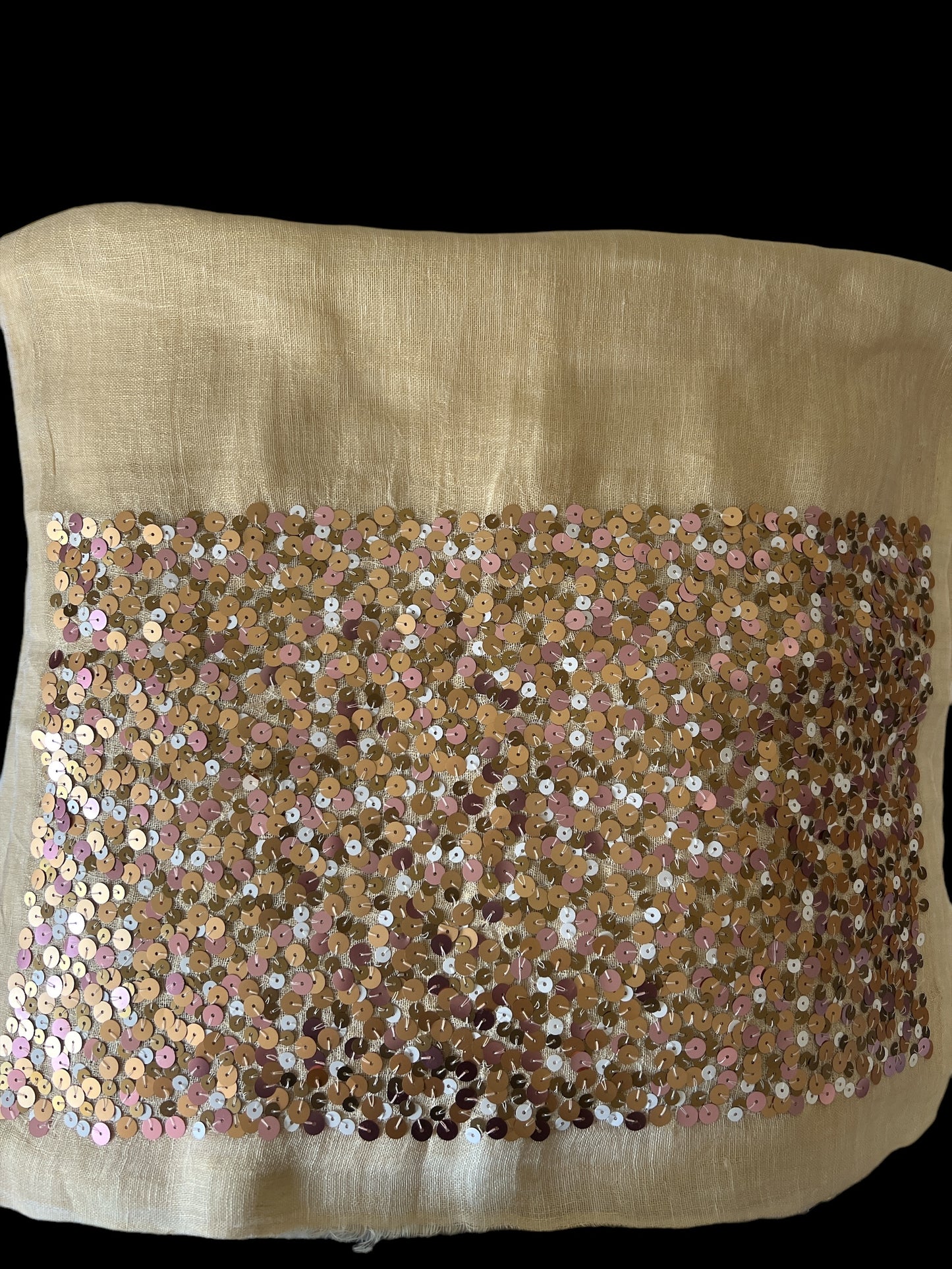 Beige / Cream with Multi-Coloured Sequence - Cotton-Silk Rich Linen Blend - Scarf