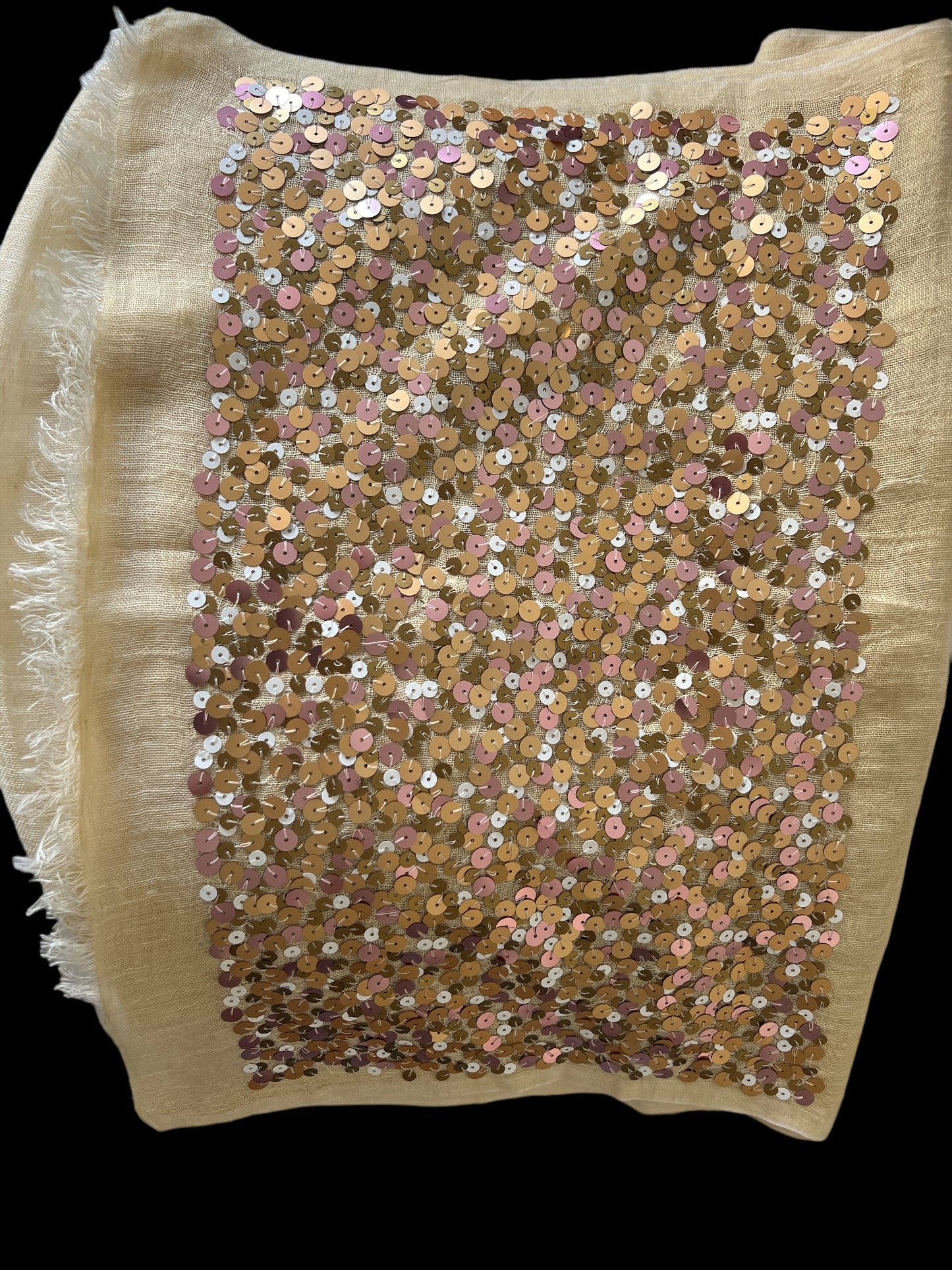 Beige / Cream with Multi-Coloured Sequence - Cotton-Silk Rich Linen Blend - Scarf