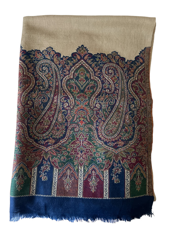 Blue Embroidered with Self Printed Border Wool - Scarf