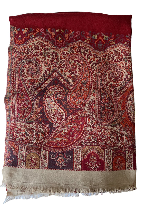 Red Embroidered Self Print Border Wool - Scarf