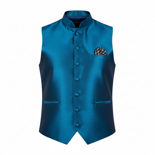 THE GRAY CRAB Imperial Blue Hue Mandarin Collar Silk Vest